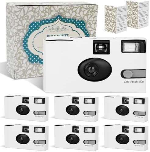 6 Pack Disposable Cameras for Wedding Bulk, 35mm White Single-Use Film Cameras with Flash, One Time Cameras for Birthday Party Baby Shower Gathering Wedding Travel, lSO 400 Film,17 Exposures