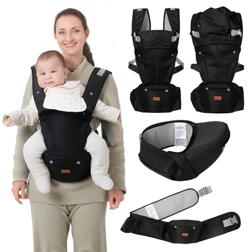 BabbleRoo Grow Carrier \u2013 6-in-1 Baby Carrier with Hip Seat, Ergonomic, Cozy &amp; Adjustable Toddler Carrier 7-50 lbs with Hip &amp; Lumbar Support, Hood for Sun Protection, Newborn to Toddler, B