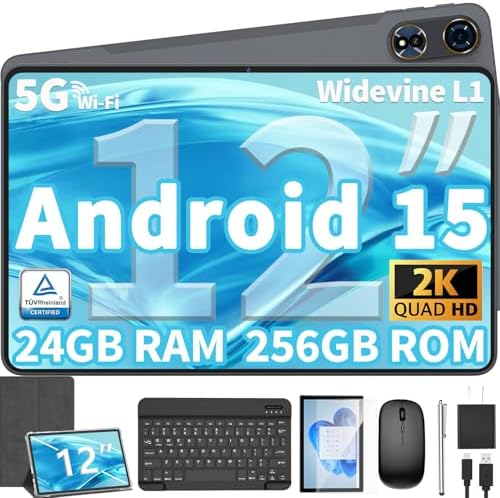 12 inch tablet Android 15 tablet, 2025 upgraded version Android tablet with keyboard, 24GB RAM+256GB ROM (1TB expansion), eight cores, 2K 2000x1200 display screen, 16MP dual cameras, 8000mAh. 2.4GHz/5