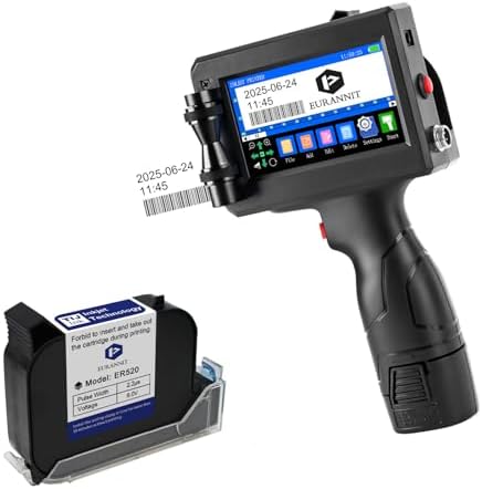 Eurannit Handheld Inkjet Printer with ER520 Fast-Drying Ink, E15 Portable Handheld Printer Gun 0.5 Inch Print Hight for Serial Numbers, Logo, Custom-Designed barcodes on Most Surface