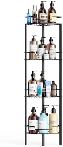 Detukna 角落淋浴架,4 层淋浴收纳架,适用于内部淋浴,不锈钢地板角落淋浴浴室架支架架,适用于浴室阳台厨房,无需钻孔,黑色