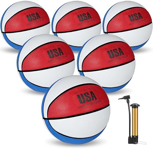 Junkin 6 Pcs Rubber Basketballs Bulk with Pump Official Indoor Outdoor Basketball Balls Weighted Training Basketball for Game Practice Kids Youth Teens Adults Back to School
