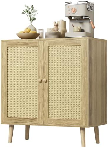 Huuger Buffet Cabinet with Storage, Storage Cabinet with PE Rattan Decor Doors, Accent Sideboard Buffet with Solid Wood Feet, for Hallway, Entry, Living Room, Natural