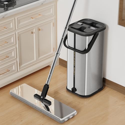 SWIFTIRON Flat Mop and Bucket for Home with Extra Refills, Stainless Steel Mop and Bucket with Wringer, Hands-Free Mop, Wet and Dry Use Mop with Long Handle (Silver)