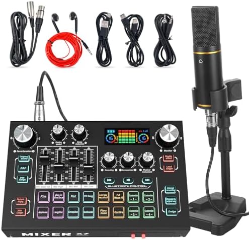 RHM Podcast Equipment Bundle with 48V Phantom Power &amp; Condenser Microphone, 4 Customized Soundpads, 12 Preset Sound Effects, 4 Voice Changing Modes &amp; LCD Display, for PC\/Phone\/Live Streaming