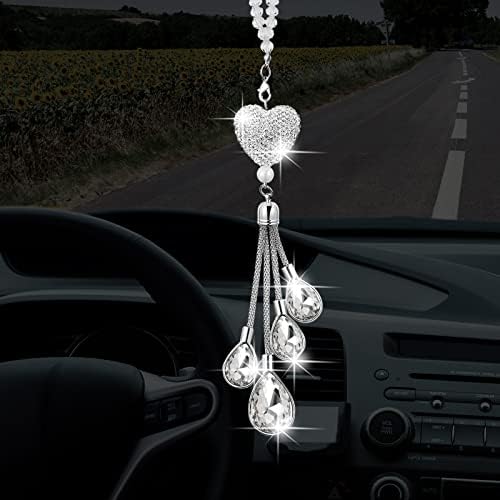 Frienda Bling Heart Diamond Crystal Car Charms - Rear View Mirror Decoration, Lucky Hanging Interior Ornament Pendant Gifts for Women (White, 7.5 Inch)