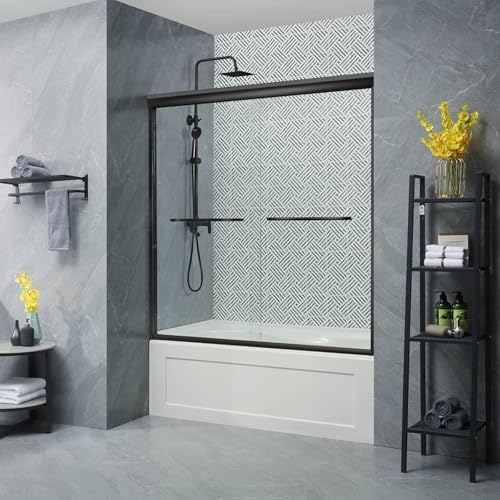 YELNA Black Sliding Bathtub Shower Glass Door 56-60 in. W x 57 in. H, Adjustable Semi-Frameless Tub Shower Door, Certified Thick Clear Clear Tempered Glass