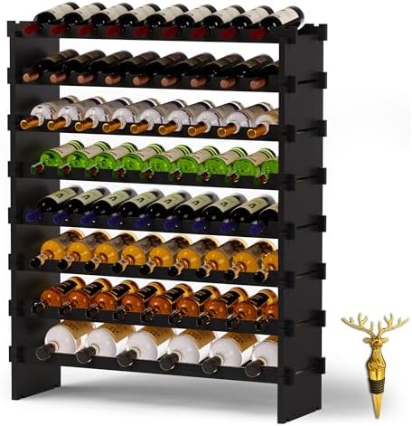 Wine Rack Freestanding Floor, Bamboo 8-Tier 69 Wine Bottle Holder Racks Countertop Cabinet Display, Wooden Stackable Modular Wine Storage Organizer Shelves for Kitchen Bar Cellar Dining Room Black