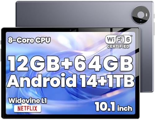 Hzvopmr Android Tablet, 10.1 inch Android 14 Tablet, Octa-core CPU, 1 Years Protection, RAM 12GB, ROM 64GB (Up to 1TB), 800x1280 Resolution, WiFi 6 &amp; Bluetooth 5, Dual Speakers