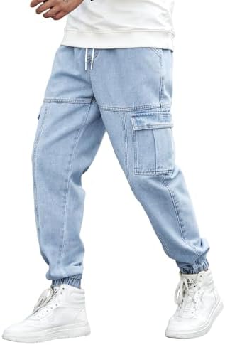 OYOANGLE Men&#39;s Drawstring Waist Flap Pocket Jogger Cargo Pants Carrot Denim Jeans with Pocket