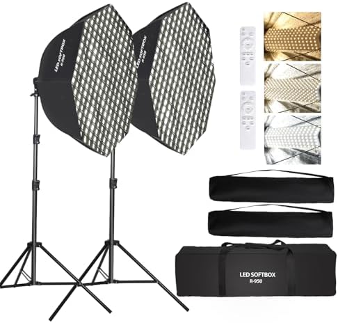 GSKAIWEN 110W Octagonal Parabolic Softbox Lighting Kit, 37.4 &#34;\/95cm Soft Box with Honeycomb Grid\/Remote Control\/Stand for Studio Light, Video Recording, Portraits, Product Photography, Live Str