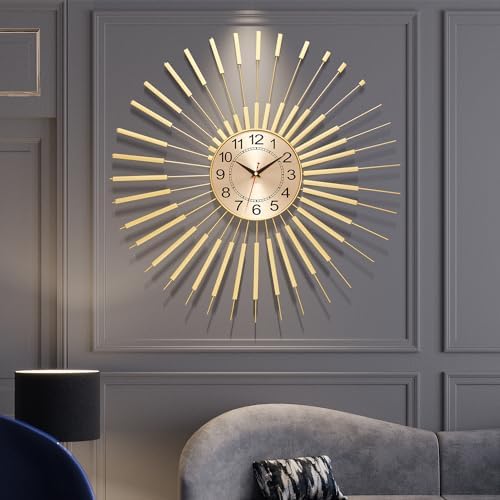 PSYCHE GOD Wall Clock Large 23 Inch - Starburst Sunburst Round Gold, Modern Non-Ticking Battery Operated Silent Decorative Clock for Living Room Bedroom Kitchen Office