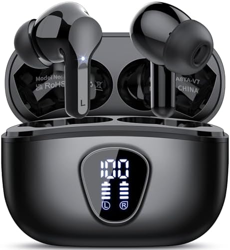 Wireless Earbuds, Bluetooth 5.4 Headphones HiFi Stereo, Bluetooth Earbuds with ENC Noise Cancelling Mic, IP7 Waterproof in Ear Earphones, 48H, LED Display Ear Buds for Pad Workout Sports, Black