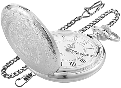Realpoo Silver Large Decorative Flower Pattern Pocket Watch - White Roman Digital Scale Quartz Movement for Men