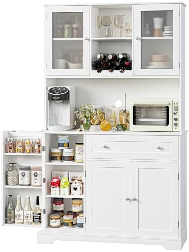 HOSTACK Kitchen Pantry Storage Cabinet, Modern Buffet Cabinet with Hutch, Tall Kitchen Hutch with Microwave Stand, Food Pantry with Doors and Shelves  Wine Rack for Dining Room, White