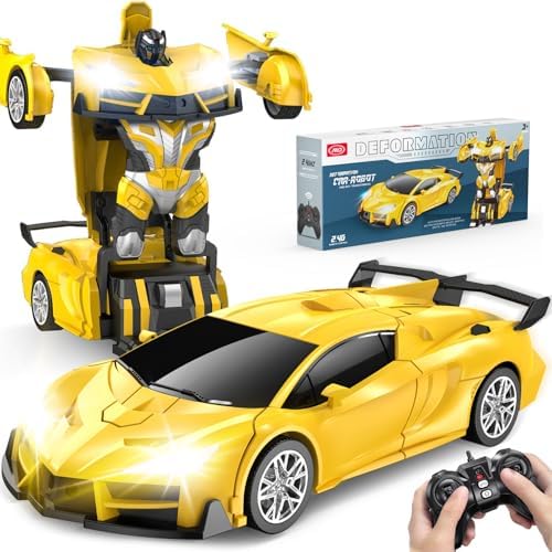 Qumcou Remote Control Car，Transform Robot RC Cars with Cool LED Headlights, 2.4Ghz Toys Car with 360 Degree Rotation and One-Button Deformation, Christmas Birthday Gifts for Boys Girls(Yellow)