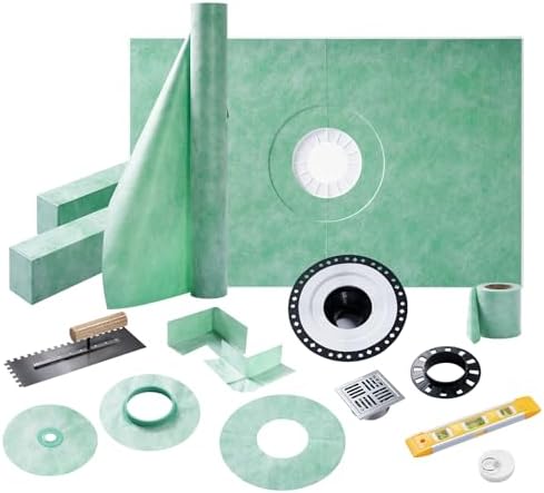 Albott Shower Curb Kit with Complete Shower Kit- Tray, Curb, Membrane, Seals, Bonding Flange, Corners, Trowel &amp; Level, 38&#34; x 60&#34; Tray, Center Outlet Position