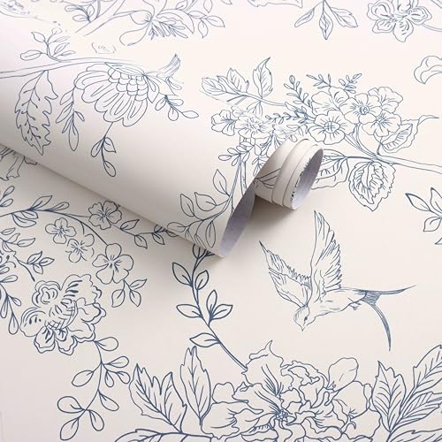 Froluya Cream White and Blue Floral Wallpaper Peel and Stick Wallpaper 17.7&#34;x118.1&#34; Vintage Floral Peel and Stick Wall Paper Removable Boho Self Adhesive Contact Paper for Bedroom Bathroom Vin