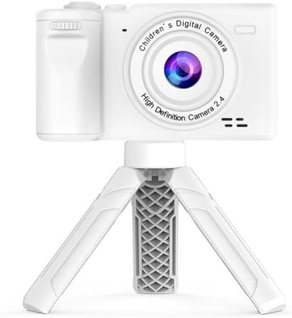 Andoer 1080P Kids Digital Camera with Tripod Mini Video Camera for Kids 12MP 2.4 Inch IPS Screen Built-in Battery with Neck Strap Mini Desktop Tripod Birthday for Boys Girls, White