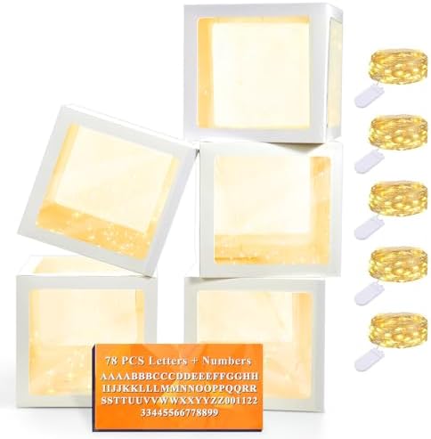 Ledido Transparent Balloon Boxes, Clear Balloon Boxes with 5 Pcs String Lights and 78 Letters for Baby Shower Gender Reveal Grad Birthday Party Anniversary Bridal Wedding Decor - 5 White Boxes