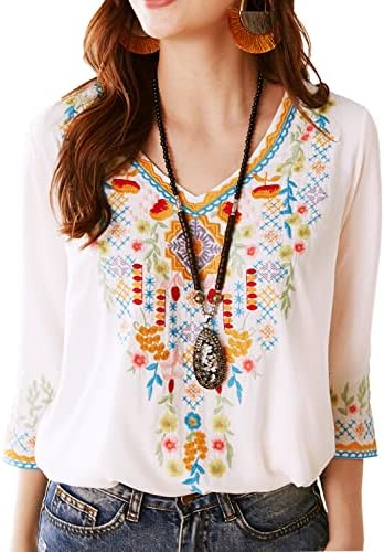Higustar Mexican Tops for Women Embroidered Shirts Bohemian Hippie Clothes Tunic Fiesta Plus Size Boho Peasant Blouses