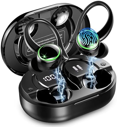Wireless Earbuds, Bluetooth 5.4 Headphones Sports, 50H Playback Over-Ear buds with ENC Noise Cancelling Mic, Deep Bass Fitness Earphones with Earhooks, IP7 Waterproof Headset for Gym Running Workout