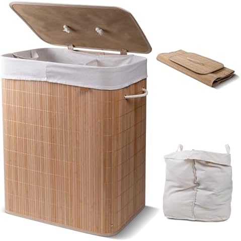 CleverMade Natural Bamboo Hamper LUXE, Double Hamper - 27 Gal (103L) Bamboo Laundry Hamper with Lid and Removable Machine Washable Laundry Bag - Holds 4 Loads and 50 Lbs.