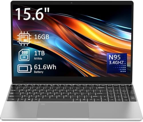 Auusda 15.6&#34; Laptop Computer, 16GB RAM, 1TB NVMe, 4C4T N95 1.7-3.4GHz, FHD Display, Backlit Keyboard, Fingerprint Reader, Big 8000mAh Battery, Win11 Pro, Upgradable to 10TB Storage, Silver, T152A