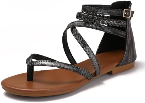 Lucky Bird Women&#39;s Summer Strappy Flat Sandals Casual Gladiator Shoes Open Toe Sparkly Crossover Straps Dressy Fisherman Thong Sandals for Walking Beach Vacation