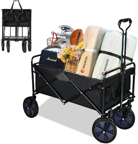 Eagwon Collapsible Wagon Cart, Heavy Duty Folding Wagon with Telescopic Handle, Double Cloth Pockets, Portable Utility Garden Cart with All-Terrain Wheels for Shopping, Sports, Camping, Black