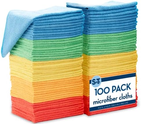 S&amp;T INC. 100 Pack Microfiber Cleaning Cloth, Bulk Towels for Home, Reusable Microfiber Towels for Cars, Cleaning Rags, Assorted, 11.5 Inches x 11.5 Inches, 100 Count