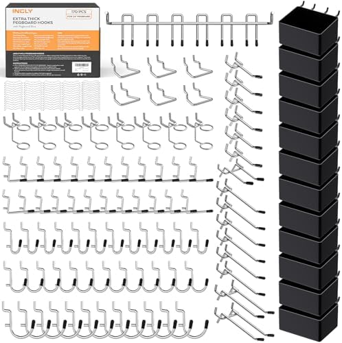 INCLY 170 piece 1/4 inch (approximately 0.6 cm) nail board hook kit, ultra thick heavy-duty nail board storage accessory combination, with nail board box and nail lock, only suitable for 0.6 cm nail b
