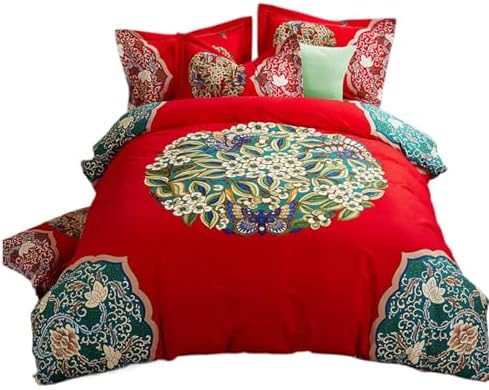 JUxiangW1432 New Chinese Ethnic Style Cotton Thickened Woolen 4Piece Quilt Cover Set Four Piece Set 1.8m Bed Double Cotton Comfort Cover Set, Bedding Set 2.0