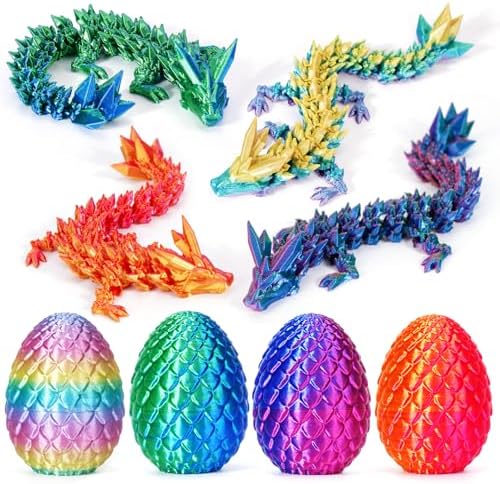 TBOLINE 4PCS 3D Printed Dragon Egg, Articulated Crystal Animals Fidget Toy Kid, Small 3D Printer Dinosaur Dino Eggs Toy Easter Gifts for Kids Boy Girls (4-Piece-C)