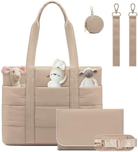 LOVEVOOK Diaper Bag Tote, 15.6inch Puffer Baby Diaper Bag Waterproof Travel Diaper Tote with Changing Pad Pacifier Case