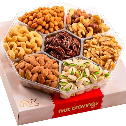 NUT CRAVINGS - Mixed Nuts Gift Basket in Red Gold Box (7 Assortments, 1 LB) Food Arrangement, Healthy Snack Care Package, Kosher