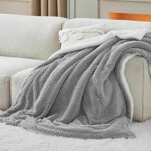 Bedsure Sherpa Fleece Throw Blanket for Couch - Herringbone Pattern, Thick and Warm, Soft Fuzzy Cozy Blanket for Winter, Grey, 50x60 Inches