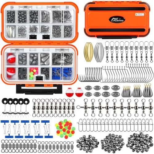 PLUSINNO 253\/387pcs Fishing Gear Accessories Kit, Fishing Tackle Box with Tackle Included, Fishing Hooks, Fishing Weights Sinkers, Spinner Blade, Fishing Equipment for Bass Trout Bluegill Crappie