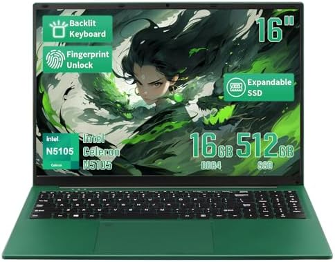 BINTEC 16 Inch Green Laptop,1920 * 1200 IPS,16GB DDR4 Windows11 Notebook PC, Celeron N5105(up to 2.9 GHz),Lightweight Notebook with Backlit Keyboard and Fingerprint Unlock Green, 16G+512GB SSD