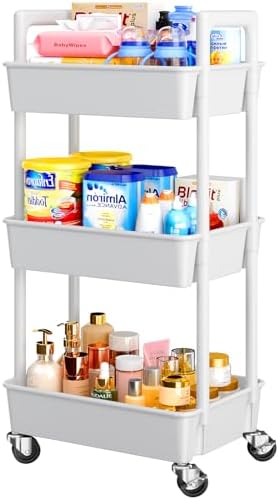 Pipishell 3 Tier Rolling Cart Organizer, Plastic Rolling Cart with Lockable Wheels &amp; Reinforced Handle, Lightweight Utility Cart Storage Cart for Nursery, Kitchen, Bathroom, Craft Room, White, PIU