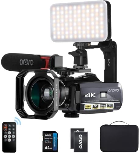 ORDRO UHD 4K Video Camera IR Night Vision Vlogging Camera for YouTube Digital Zoom Recorder with Microphone, Wide Angle Lens, LED Video Light, Handheld Stabilizer, Carrying Case,64GB Memory Card