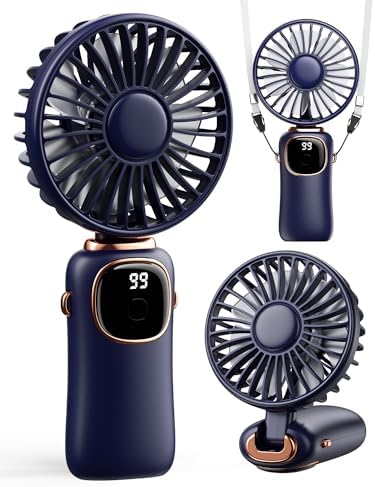 coldSky Portable Handheld Fan, 4000mAh Battery Operated Fan with LED Display, Handheld\/Neck\/Desk 3 in 1 Personal Small Fans, 90° Foldable Desk Fan with Base, 5 Speed Makeup Lash Fan for Women Blue