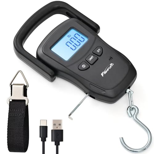 Fishfun Rechargeable Fish Scale, Digital Hanging Fish Weight Scale with Large Handle and Tape Measure for Fishing, Hunting, Outdoor, Farm, 110lb\/50kg