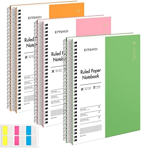 EMSHOI Spiral Notebook College Ruled, 3 Pack 7.48&#34; x 10.15&#34; B5 Large Composition Notebooks, 480 Pages 100gsm Thick Lined Journal, with Sticky Notes, Plastic Hardcover, Orange, Green, Pink