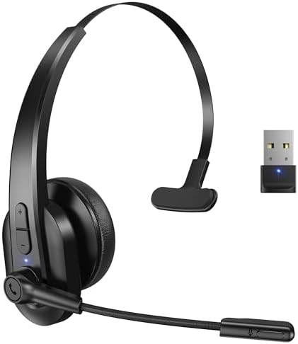 Sarevile Bluetooth Headset with USB Dongle for Computer, Single-Ear Wireless Headset with Noise Cancelling Microphone for Office &amp; Truckers, Bluetooth V5.2 with Mute Button for Work