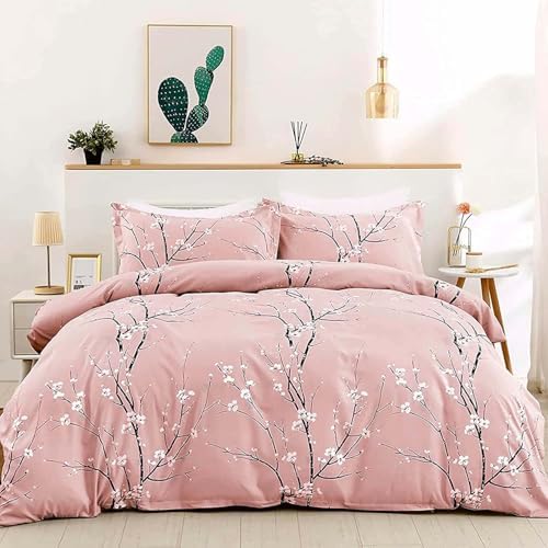 WONGS BEDDING Floral Duvet Cover Set King, Pink Flower Plum Pattern Comforter Cover Set with 2 Pillowcases 3 Pieces Botanical Bedding Set with Zipper Closure for Kids 90&#34;x103&#34;(Not Comforter)