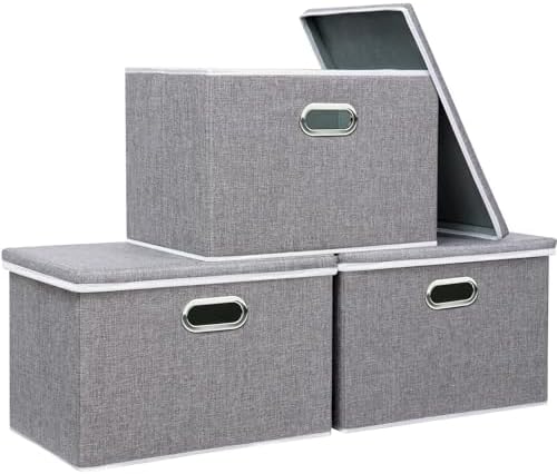 Yawinhe Fabric Storage Bins with Lids, Collapsible Boxes with 2 Metal Handles, Waterproof Cube Organizer Basket, Gray, 17.3&#39;&#39;Lx11.8&#39;&#39;Wx11.8&#39;&#39;H, 3-Pack