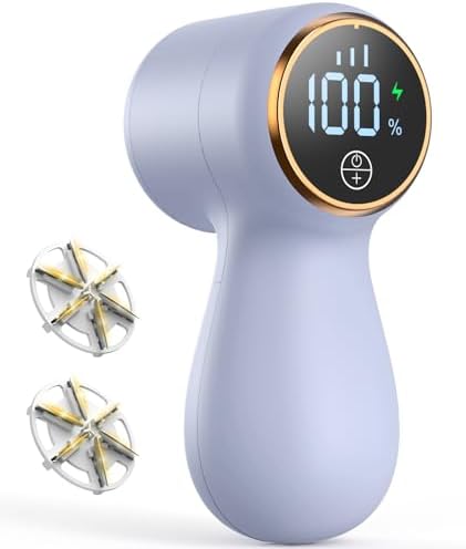 Rechargeable Fabric Shaver Lint Remover, Sweater Shaver with 3-Speed Control, LED Display Clothes Shaver, 6-Leaf Stainless Steel Blades, Suitable for Clothes, Sweater, Couch, Blanket, Wool (Purple)