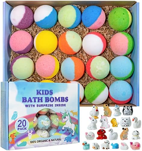 Bath Bomb Gift Set with Toys Inside, 20 Pack Organic Bath Bombs for Kids, Kids Safe Handmade Fizzy Balls for Kid, Ideal Birthday Easter Gift for Boys &amp; Girls