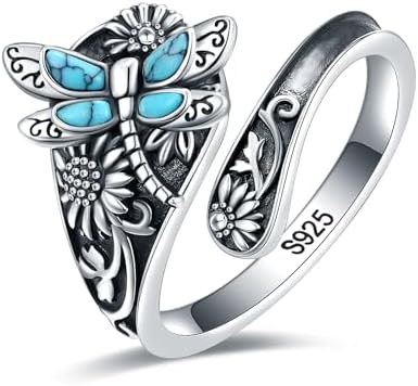 EJALEN S925-Sterling-Silver Abalone Dragonfly Spoon Ring - Vintage Boho Sunflower Thumb Oxidized Wrap Rings Victorian Style Antique Floral Jewelry Gifts for Women